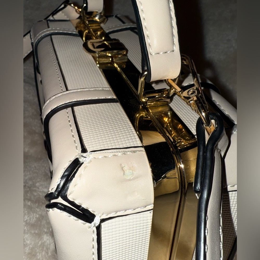 Structured Faux Leather Cream Mini Suitcase Trunk Buckle Crossbody Handle Bag - Picture 5 of 10